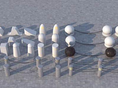 Roadside Traffic Facilities With Various Shaped Bollards Spherical Barriers And Chains On Pavement 3d model