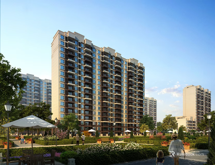 Modern High Rise Residential Community With Garden Green Space And Pedestrians 3d model 