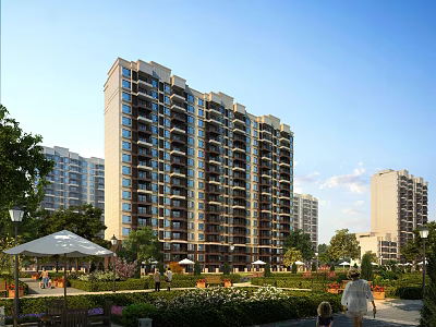 Modern High Rise Residential Community With Garden Green Space And Pedestrians 3d model