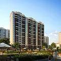 Modern High Rise Residential Community With Garden Green Space And Pedestrians