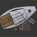 Small White And Blue Sailboat With Mast And Deck Items On Gray Background
