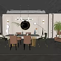 Elegant Restaurant Interior With White Walls Round Mirror Hanging Chandelier And Colorful Chairs