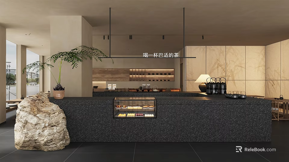 Modern Cafe Interior With Black Counter Stone Decor Potted Plant And Display Case 3d model 