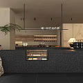 Modern Cafe Interior With Black Counter Stone Decor Potted Plant And Display Case