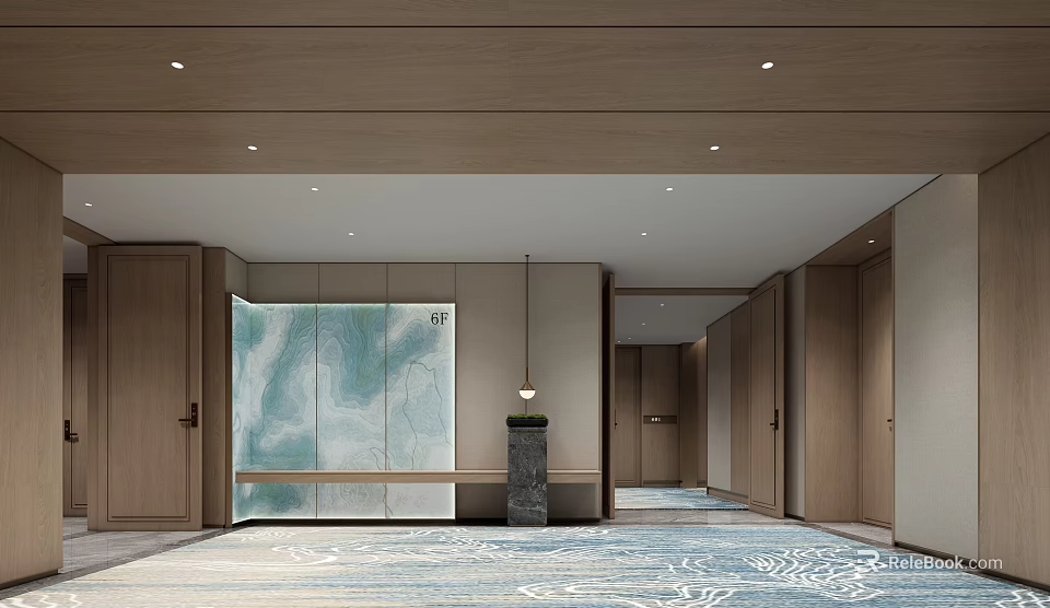 Modern Hotel Corridor Interior With Wooden Walls Decorative Panel Soft Lighting And Patterned Carpet 3d model 