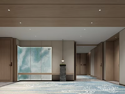 Modern Hotel Corridor Interior With Wooden Walls Decorative Panel Soft Lighting And Patterned Carpet 3d model