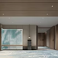 Modern Hotel Corridor Interior With Wooden Walls Decorative Panel Soft Lighting And Patterned Carpet