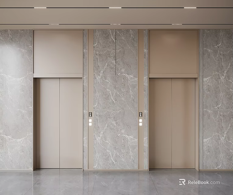 Modern Elevator Lobby With Sleek Elevator Doors And Elegant Marble Wall Design 3d model 