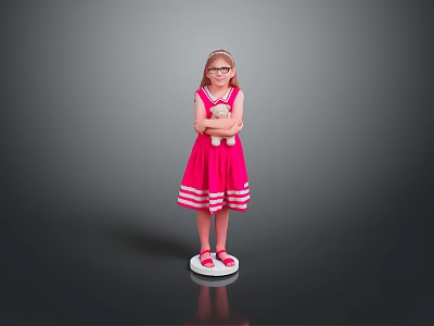 Little Girl Wearing Pink Dress And Glasses With Arms Crossed On White Platform Gray Background 3d model