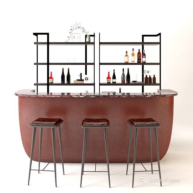 Brown Marble Bar Counter With Black Metal Shelves Wine Bottles And Three Stools 3d model 