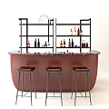 Brown Marble Bar Counter With Black Metal Shelves Wine Bottles And Three Stools