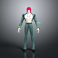 Man With Pink Hair Wearing White Top Green Pants And Black Shoes Standing