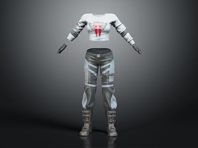 White Long Sleeve Cropped Sport Top With Red Logo And Gray Athletic Pants Outfit 3d model