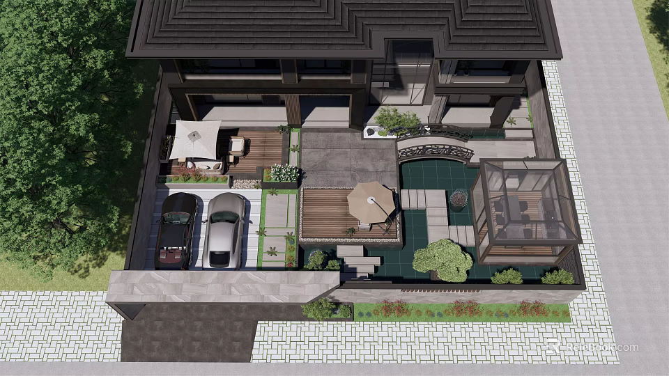 Garden Landscape Design Featuring Courtyard Layout Lush Greenery And Stone Pathways 3d model