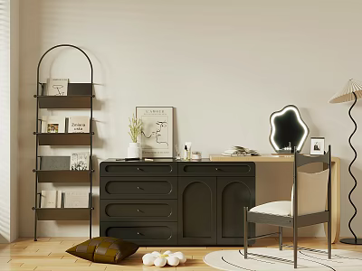 Elegant Dark Dressing Table With Drawers Mirror Accent Chair And Decorative Shelf 3d model