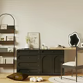 Elegant Dark Dressing Table With Drawers Mirror Accent Chair And Decorative Shelf
