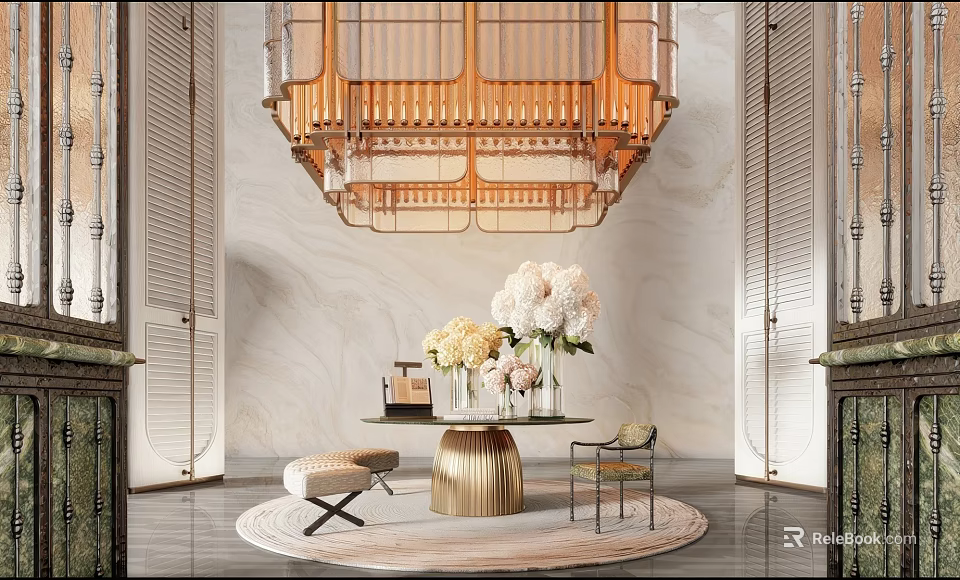 Luxurious Hotel Lobby Interior Featuring Chandelier Marble Walls Round Table And Floral Decor 3d model 