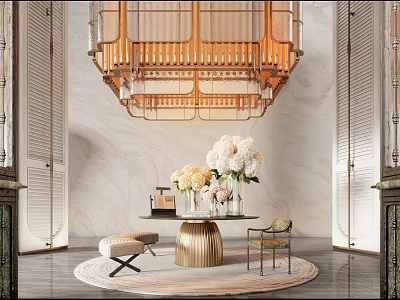 Luxurious Hotel Lobby Interior Featuring Chandelier Marble Walls Round Table And Floral Decor 3d model