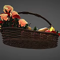 Stylish Wicker Basket With Fresh Bananas Apples Pears And Orange Roses