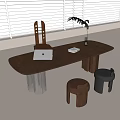 Modern Dark Brown Desk with Laptop Book and Plant Vase Near Window Blinds and Stools