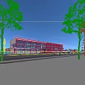 Modern Office Building Exterior Design With Glass Curtain Walls Landscaped Lawn And Clear Blue Sky