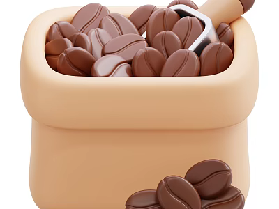 Fresh Coffee Beans in Beige Container with Wooden Spoon and Scattered Beans 3d model