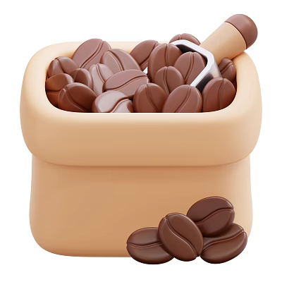 Fresh Coffee Beans in Beige Container with Wooden Spoon and Scattered Beans 3d model