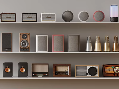 Collection of Various Vintage Radios Speakers and Horn Speakers Displayed on Three Shelves 3d model