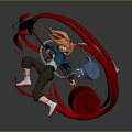 Dynamic Game Character With Brown Hair Blue Jacket Wielding Red Chain And White Shoes