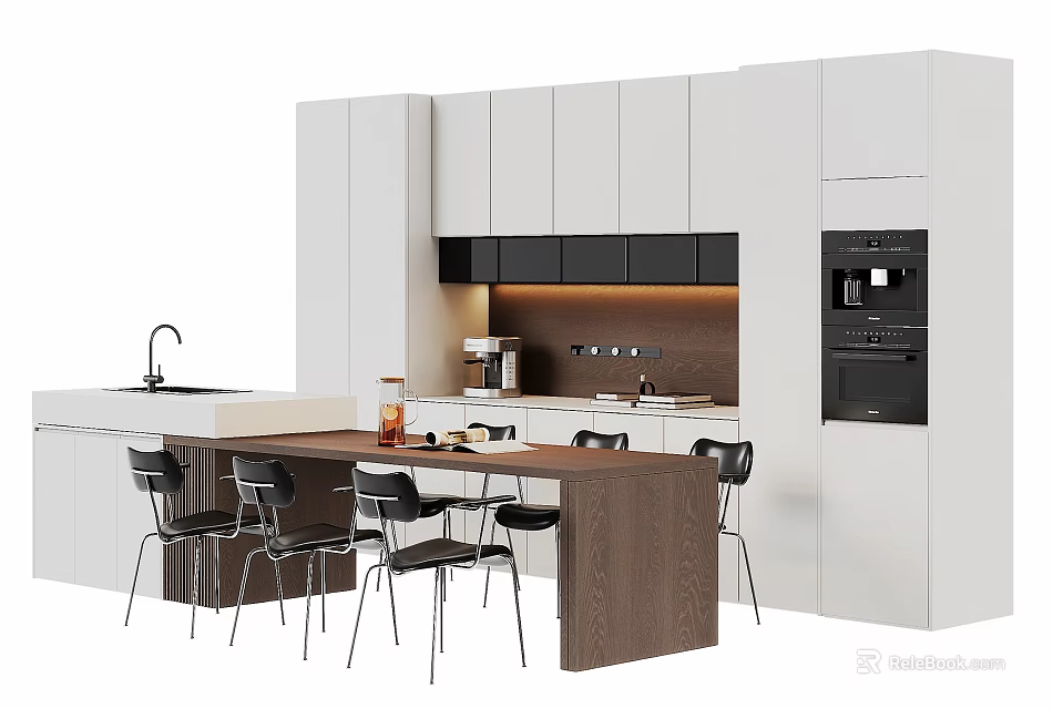Modern Kitchen Dining Table Set With Brown Table Black Chairs And White Cabinets 3d model 