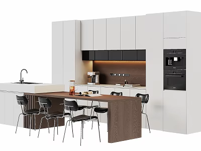 Modern Kitchen Dining Table Set With Brown Table Black Chairs And White Cabinets 3d model