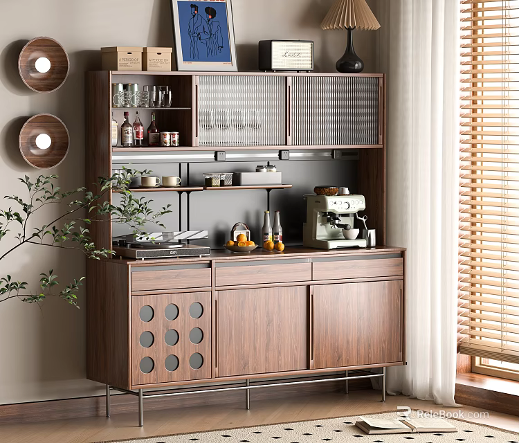 Modern Wooden Sideboard with Glass Door Cabinet Shelf Wine Glasses Coffee Machine and Decorative Plants 3d model 