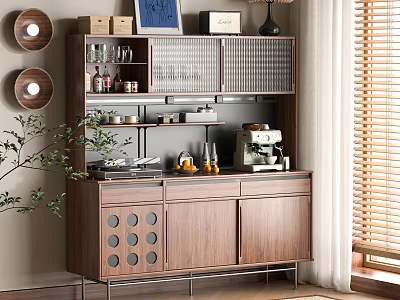 Modern Wooden Sideboard with Glass Door Cabinet Shelf Wine Glasses Coffee Machine and Decorative Plants 3d model