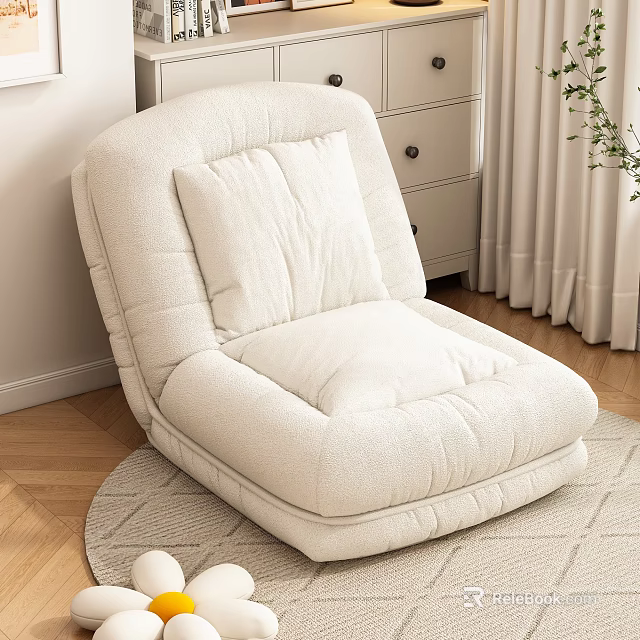 White Plush Lazy Sofa In Living Room With Soft Cushion And Carpet 3d model 