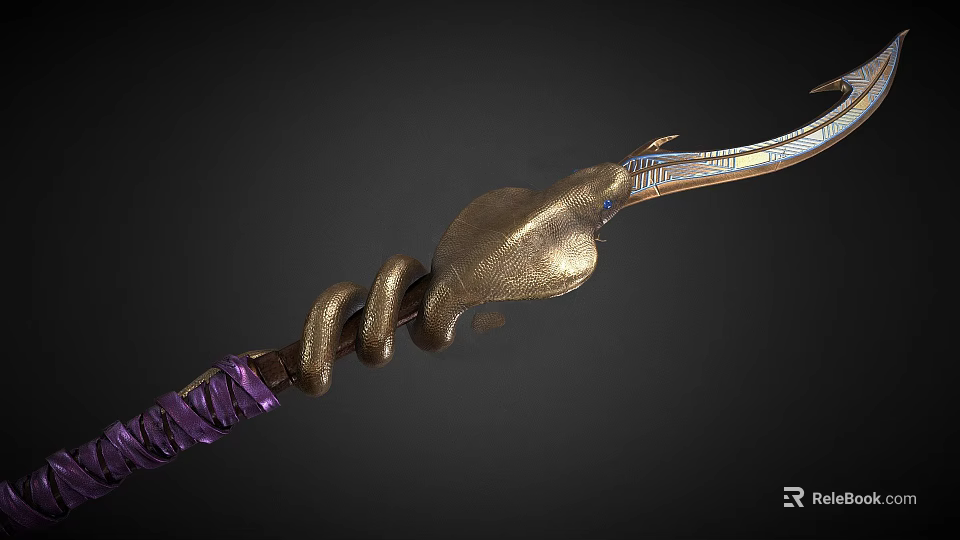 Ornate Snake Shaped Weapon Staff With Gold Purple Coiled Spiral And Metallic Texture 3d model 