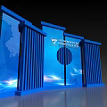 Modern Blue Corporate Backdrop With Vertical Slats Circular Accent And Logo 3d model