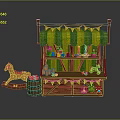 Colorful Toy Stall Setup With Green Yellow Awning And Wooden Rocking Horse