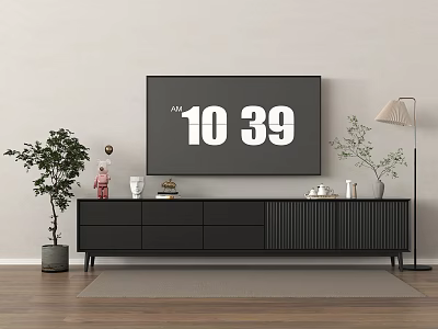 Modern Television on Black TV Stand with Drawers Green Plants and Floor Lamp 3d model