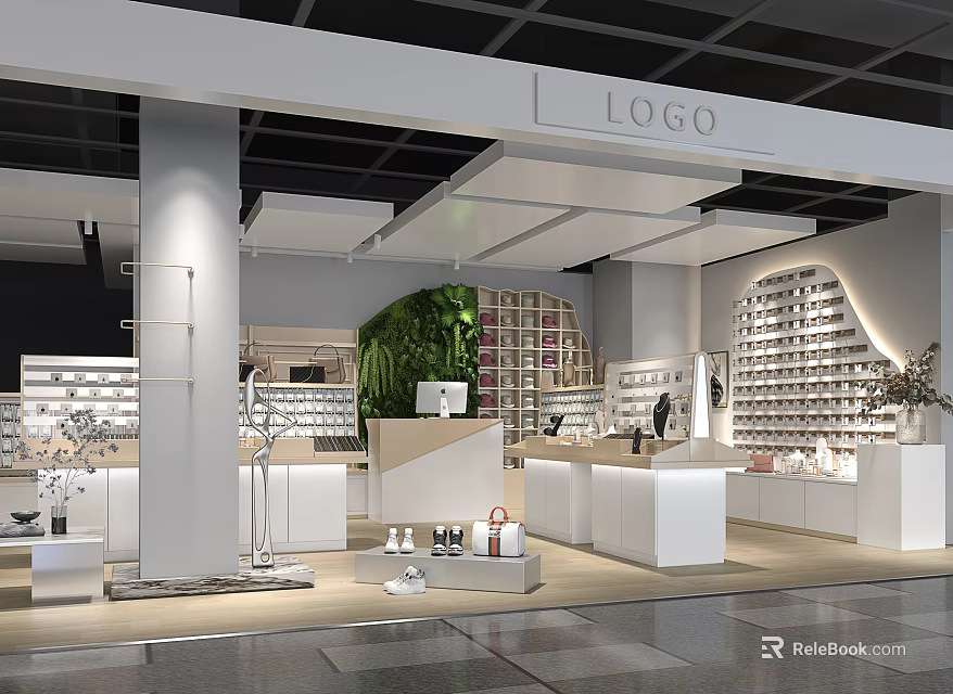 Modern Specialty Store Interior With Display Shelves And Greenery 3d model 
