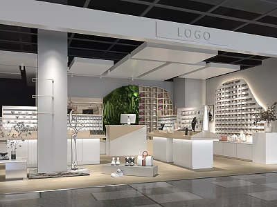 Modern Specialty Store Interior With Display Shelves And Greenery 3d model