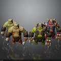 Four Different Colored Orc Characters With Horns And Weapons On Black Background With Reflections