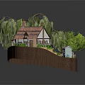 Charming Wooden Cabin with Weeping Willows Lush Lawn Stone Pathway and Small Shed