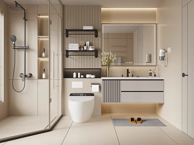 Modern Bathroom Interior With Glass Shower Enclosure Wall Mounted Shelves Large Mirror And Vanity 3d model