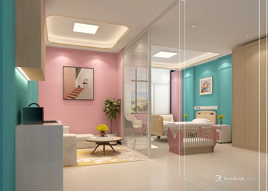 Pink And Blue Room Interior With Sofa Coffee Table Bed Partition Plant And Painting 3d model 