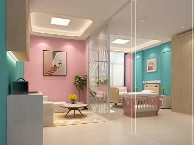 Pink And Blue Room Interior With Sofa Coffee Table Bed Partition Plant And Painting 3d model