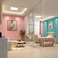 Pink And Blue Room Interior With Sofa Coffee Table Bed Partition Plant And Painting