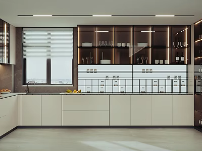 Modern Kitchen Interior Featuring White And Dark Cabinets Glass Door Display And Window 3d model
