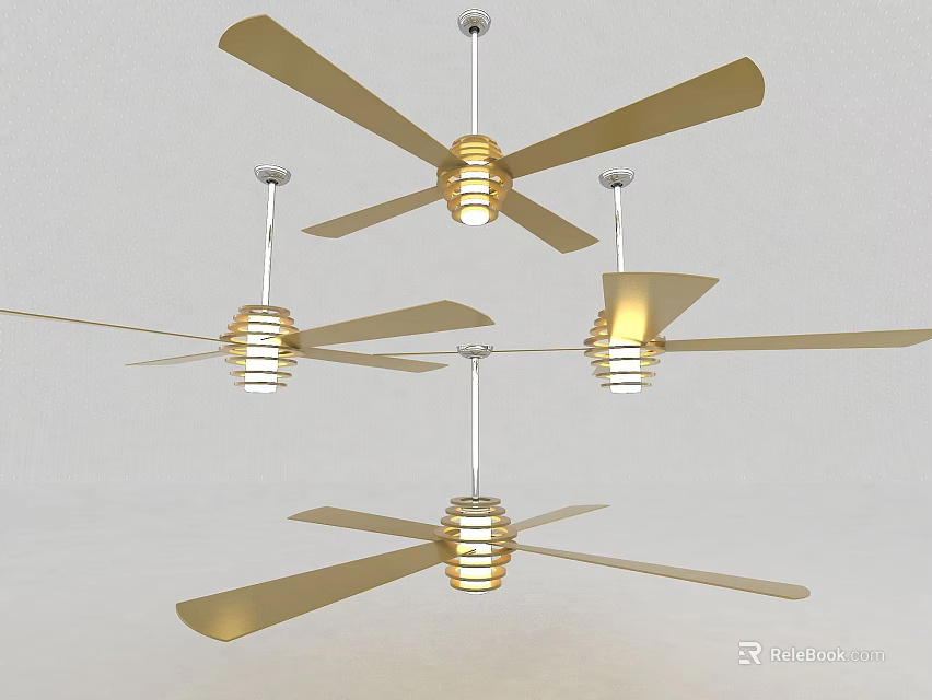 Four Golden Striped Ceiling Fan Chandeliers Hanging on White Ceiling 3d model 