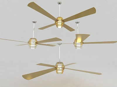 Four Golden Striped Ceiling Fan Chandeliers Hanging on White Ceiling 3d model
