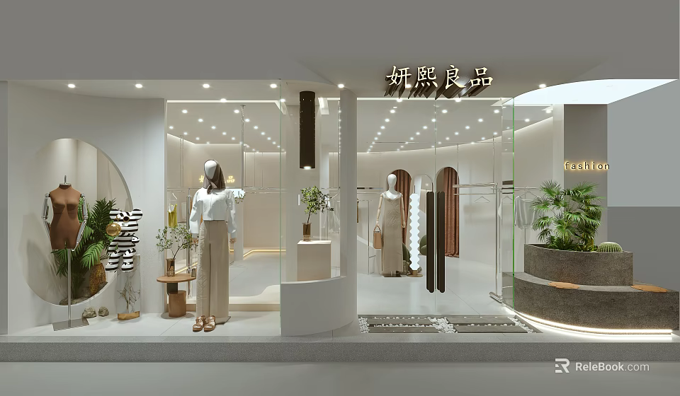 Clothing Store Front With Glass Window Mannequins Green Plants And Decorations 3d model 